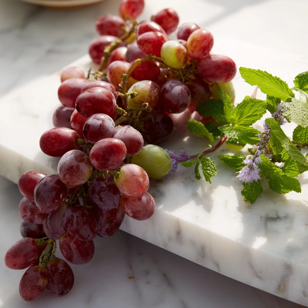 Seedless grapes cascade over the serving board, ready to be enjoyed as a refreshing snack.