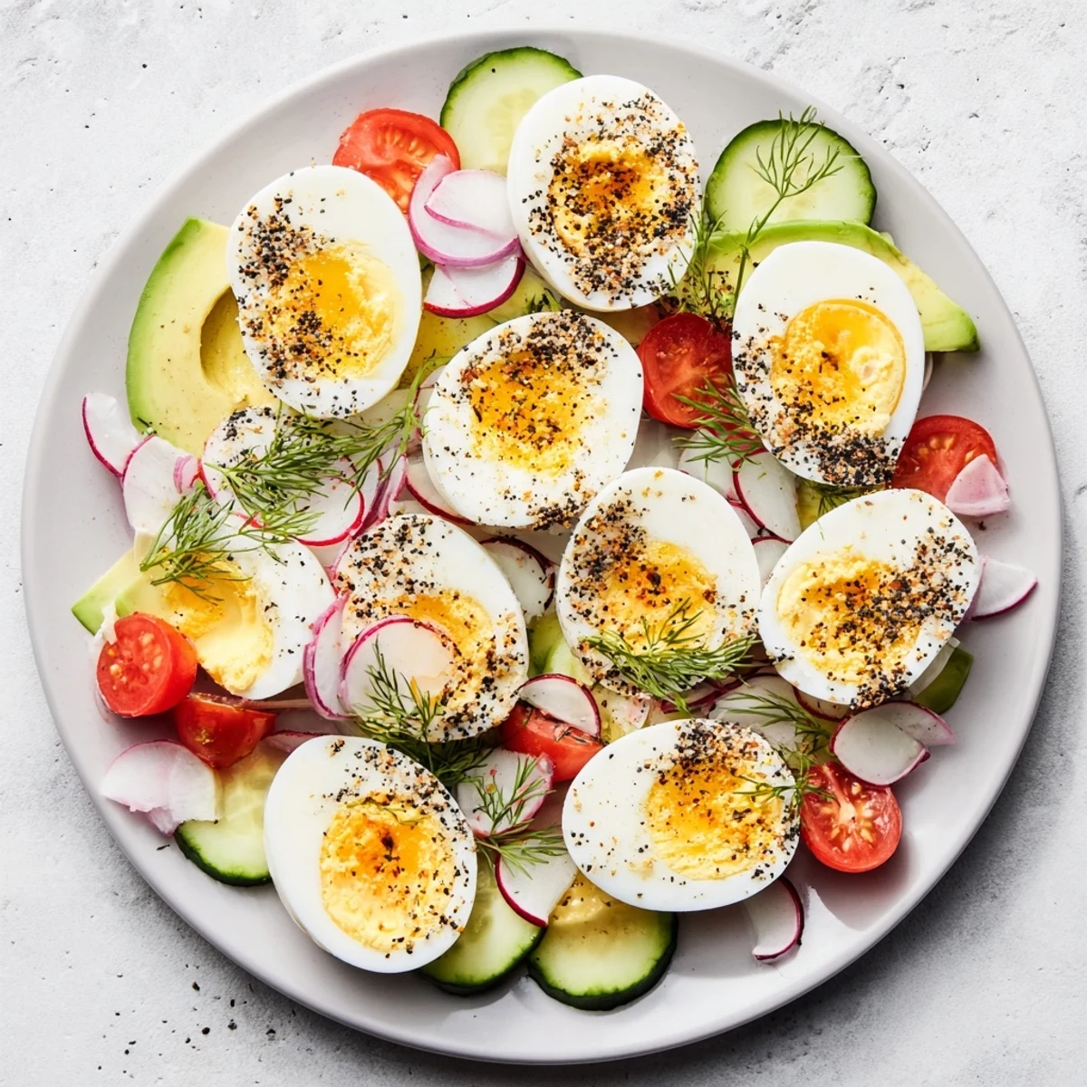 Close-up of a delightful brunch board: hard-boiled eggs with everything bagel seasoning arranged.