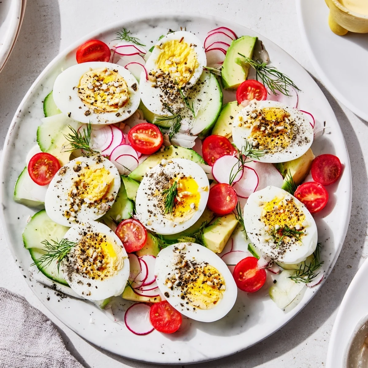 Vibrant image of brunch: ready-to-eat hard-boiled eggs with everything bagel seasoning alongside fresh sides.