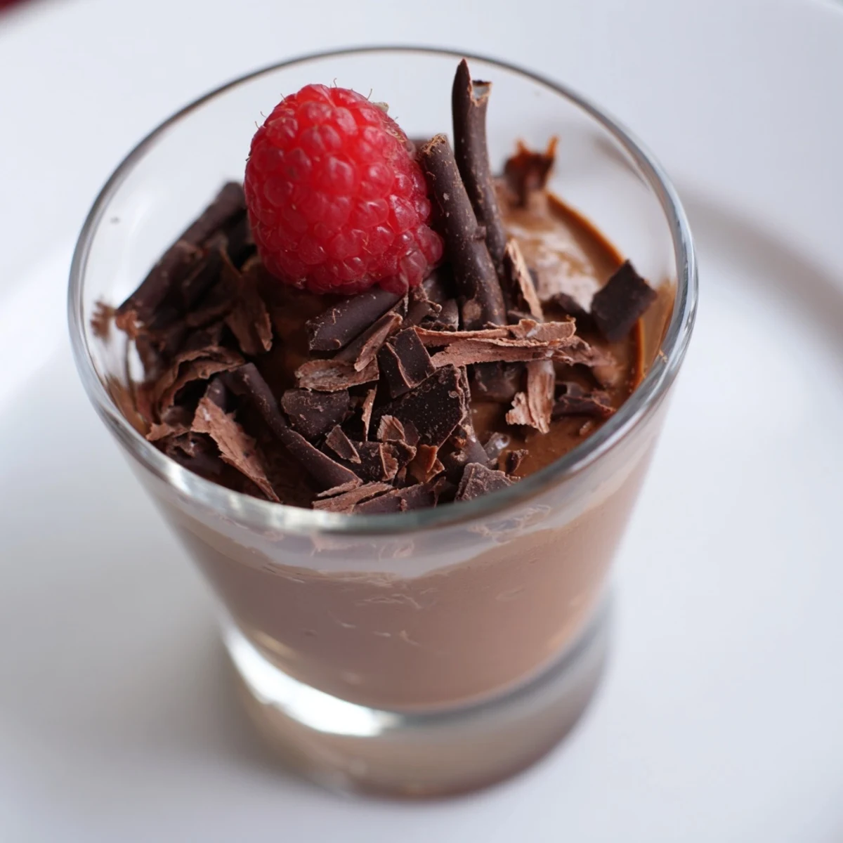 Smooth, dark chocolate mousse dessert cups in small glasses, a sophisticated and easy French recipe.