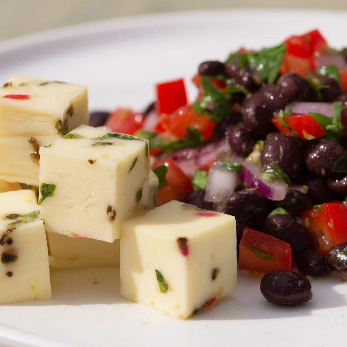 Spicy Pepper Jack cubes alongside vibrant black bean salsa create a delicious, fresh appetizer.