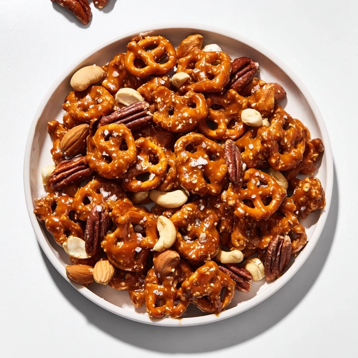 Golden-hued salted caramel pretzels and nuts blend, perfect for a sweet and salty snack.