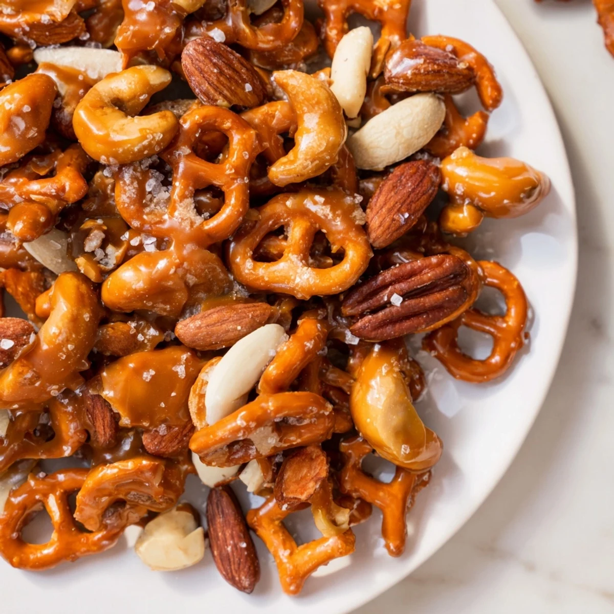 Indulge in this image of sweet and salty salted caramel pretzels and nuts, a party favorite.