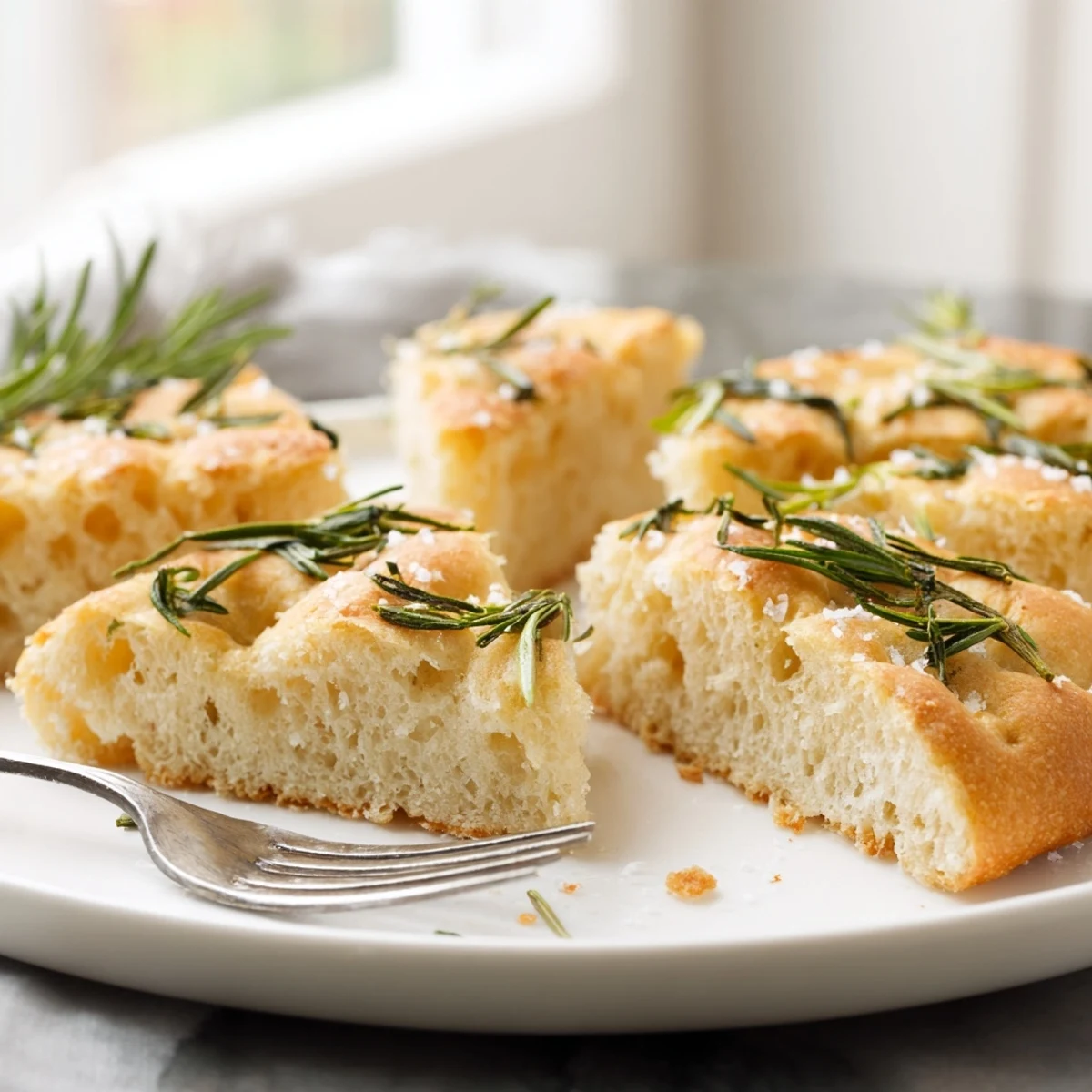 Warm, sliced holiday bread focaccia, glistening with olive oil and sprinkled with sea salt.