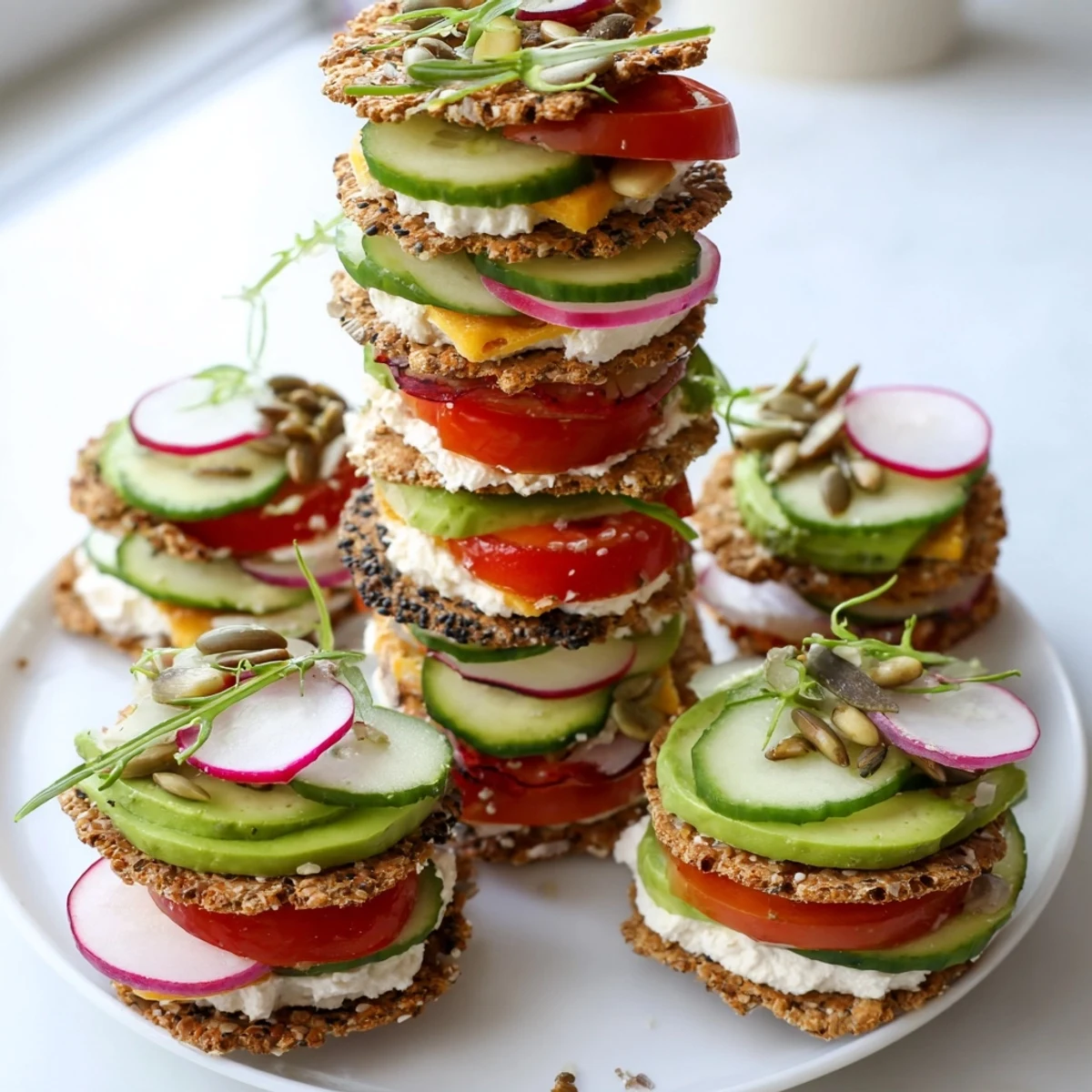 A towering Gluten-Free Gourmet Tower with colorful layers of fresh vegetables, perfect for sharing.
