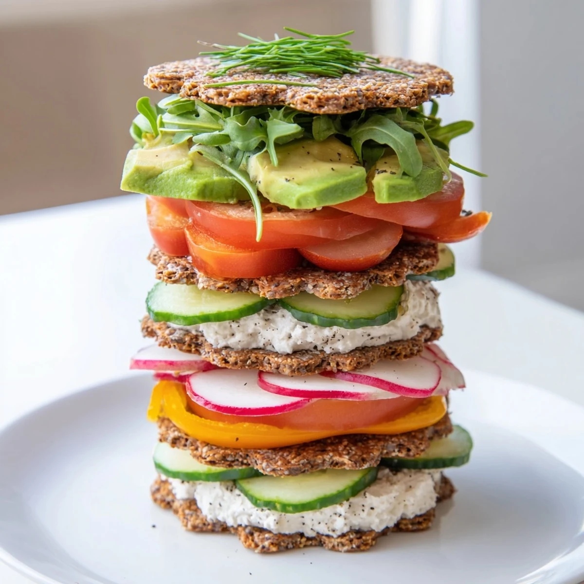 This gluten-free appetizer shows an artful Gluten-Free Gourmet Tower, inviting bites of savory delight.