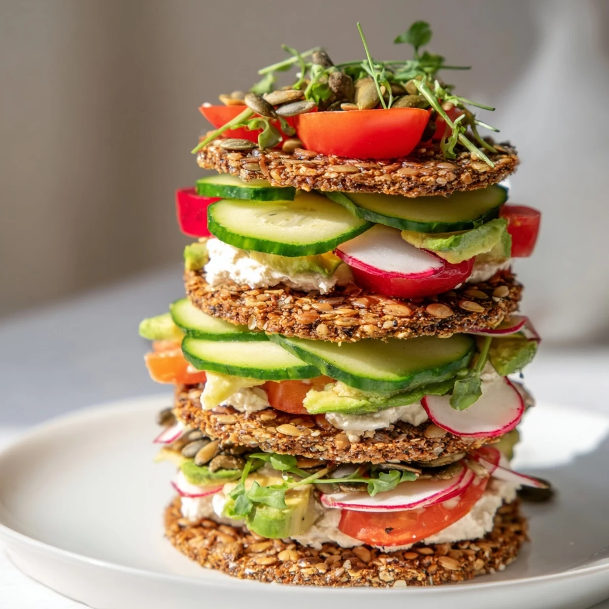 Behold the elegant layered Gluten-Free Gourmet Tower, boasting creamy textures and vibrant, fresh toppings.