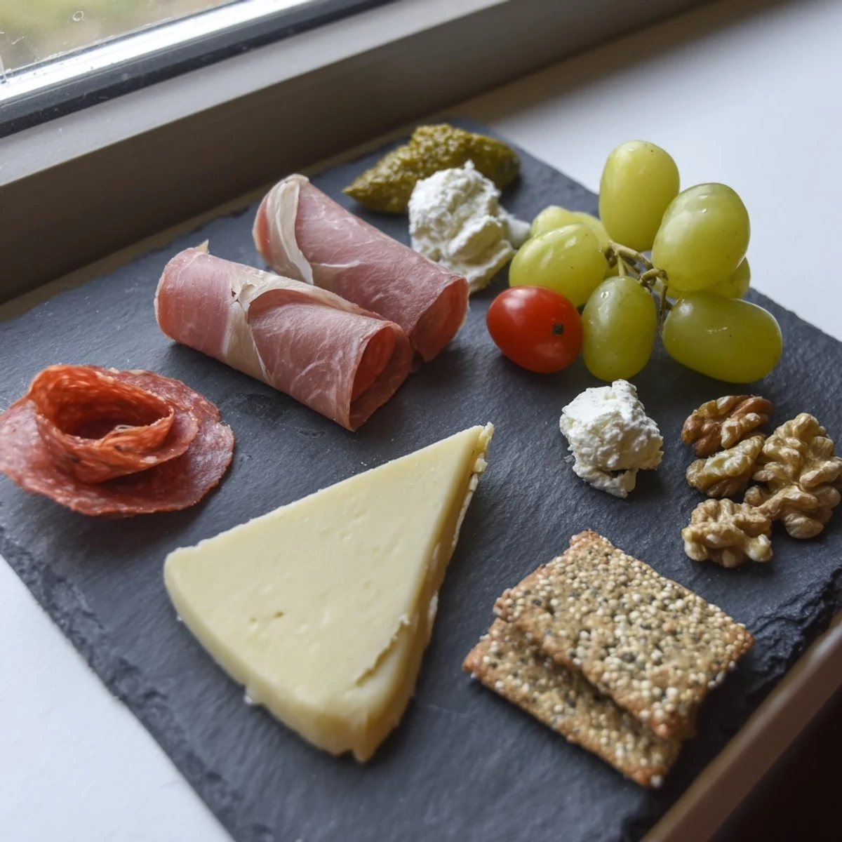 Delicate arrangement of meats, cheeses, and grapes for a single serving of The Charcuterie Board for One.