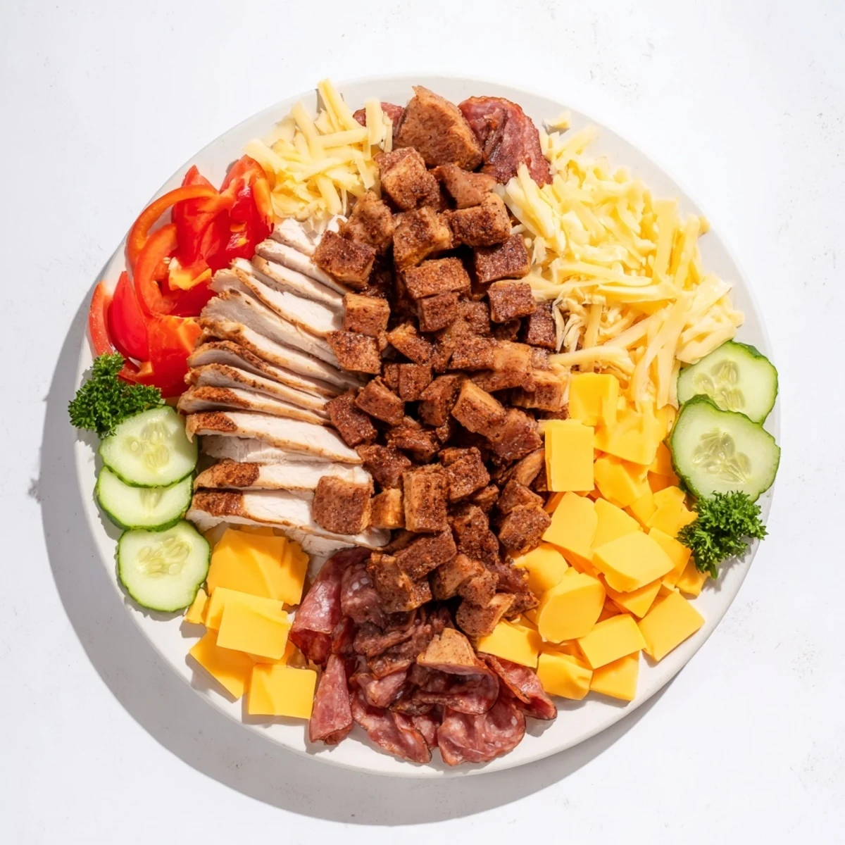 Beautiful Keto Power Plate, a vibrant platter of meats, cheeses, and colorful, crisp vegetables.
