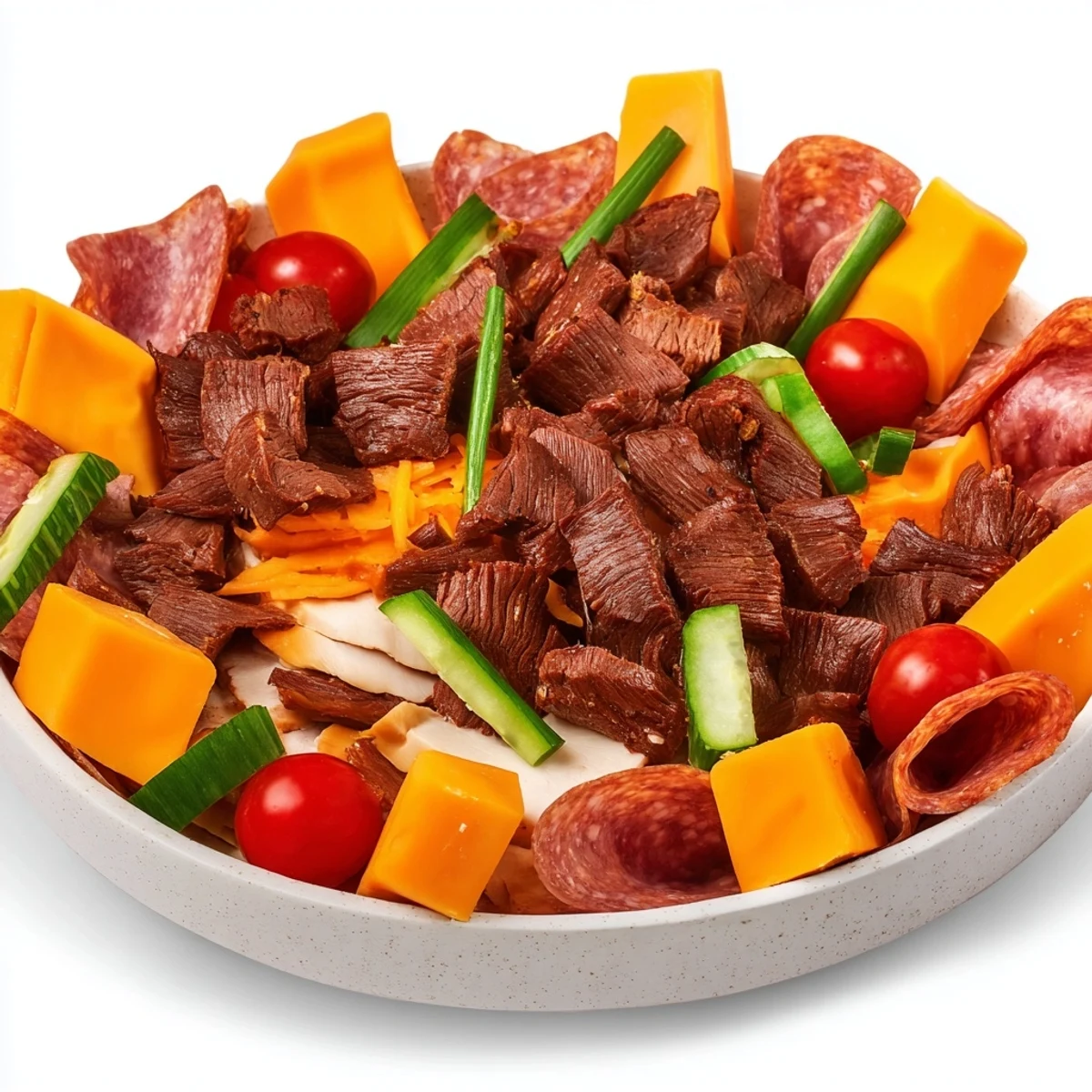 This Keto Power Plate showcases sliced roast beef and salami alongside cheddar and Gruyère cheeses.