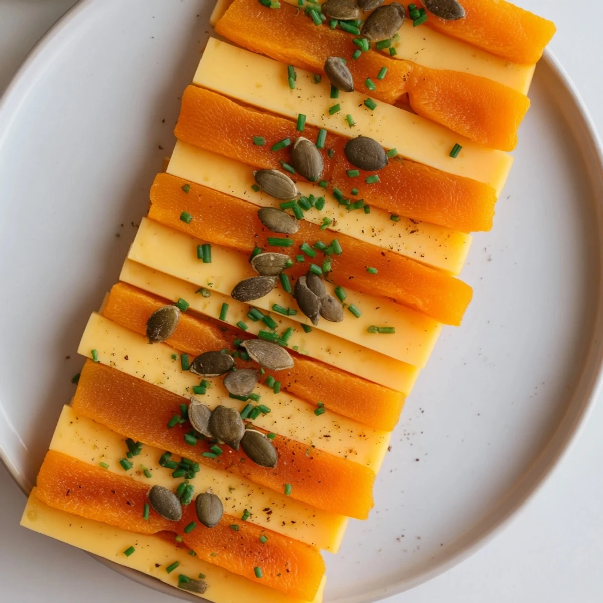 Vibrant Serengeti Sunset appetizers with layers of orange apricots and smoked Gouda, ready to serve.
