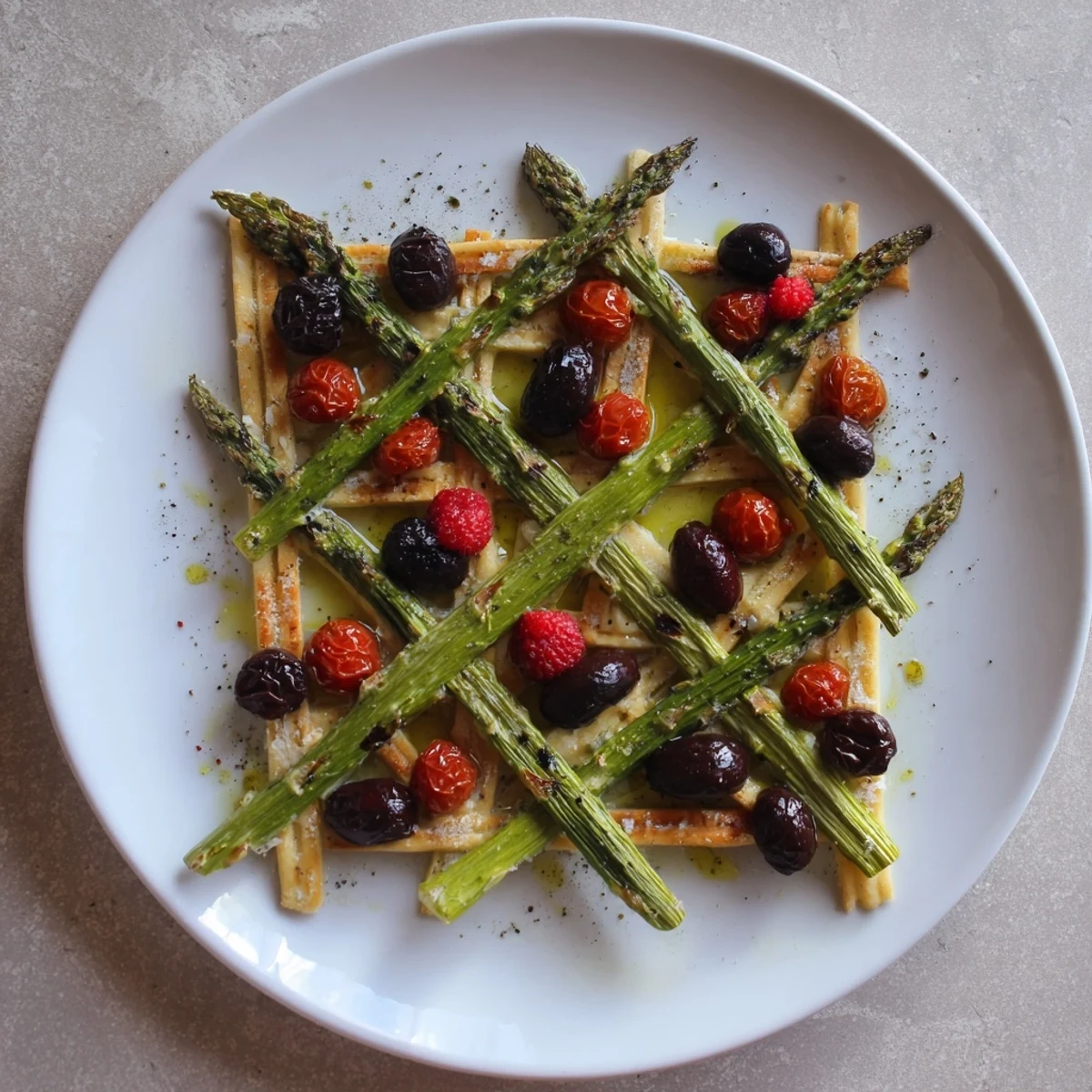 Delicate chives secure the asparagus lattice holding sweet berries in this beautiful Botanical Lattice dish.