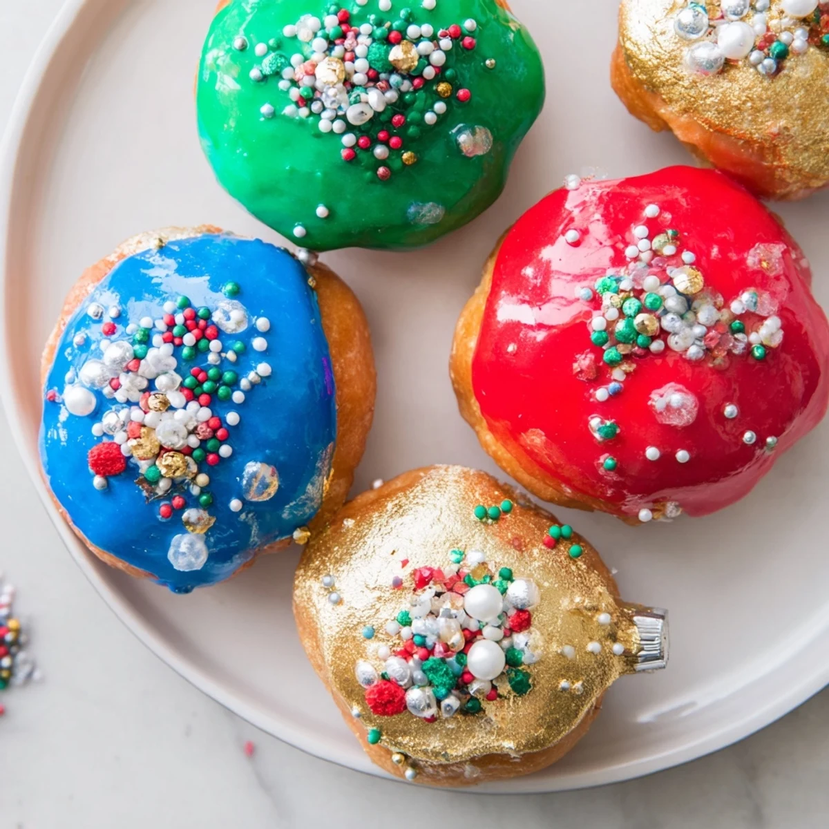 Warm, golden Christmas Ornament Beignets, dusted with powdered sugar and festive sprinkles.
