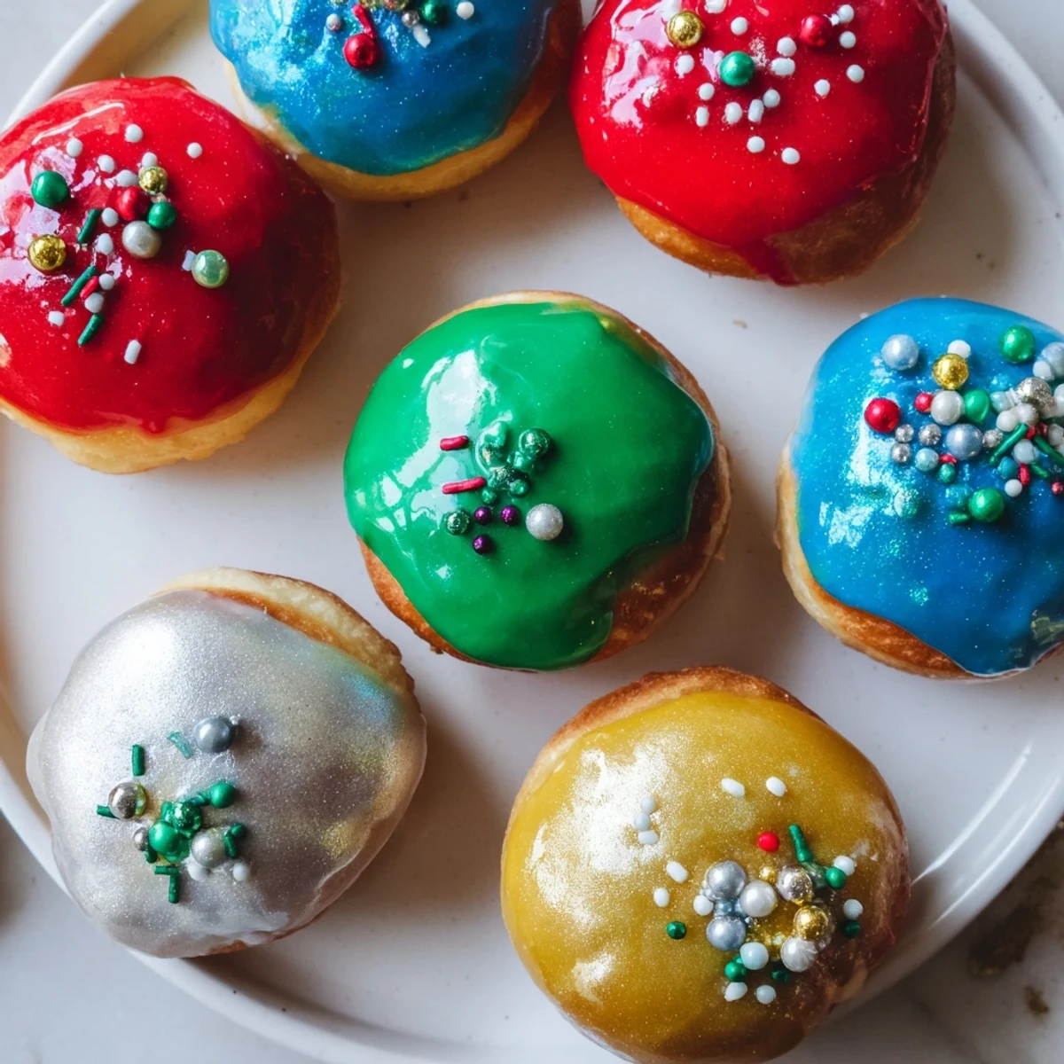 Freshly fried Christmas Ornament Beignets, decorated with colorful icing and edible pearls for the holidays.