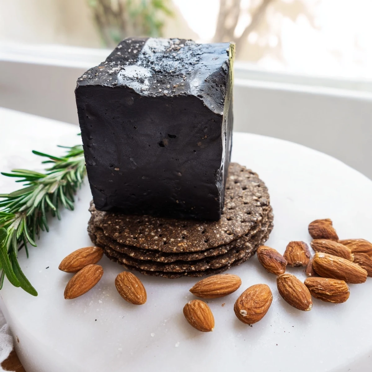 Dramatic Obsidian Peak cheese platter with black cheddar, dark rye crackers and charcoal almonds.