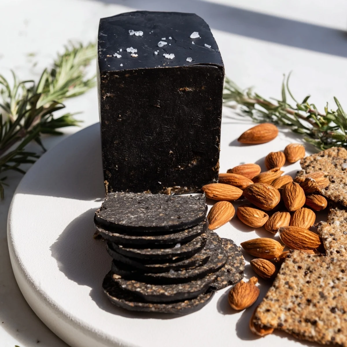 A striking appetizer: an Obsidian Peak cheese platter with sharp cheddar and dark, crunchy accompaniments.