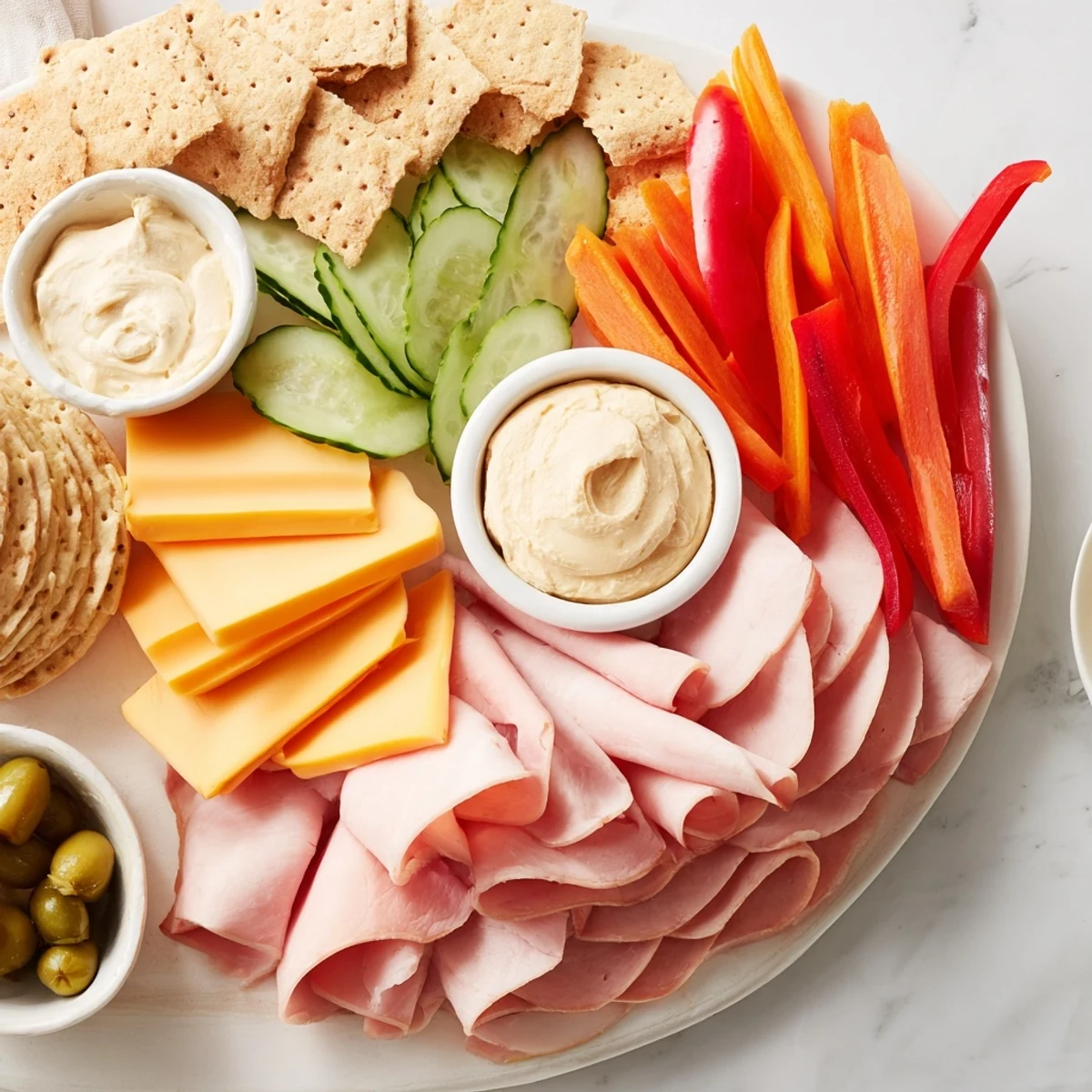 A colorful Budget-Friendly Family Spread featuring sliced meats, cheeses, and fresh vegetables ready to share.