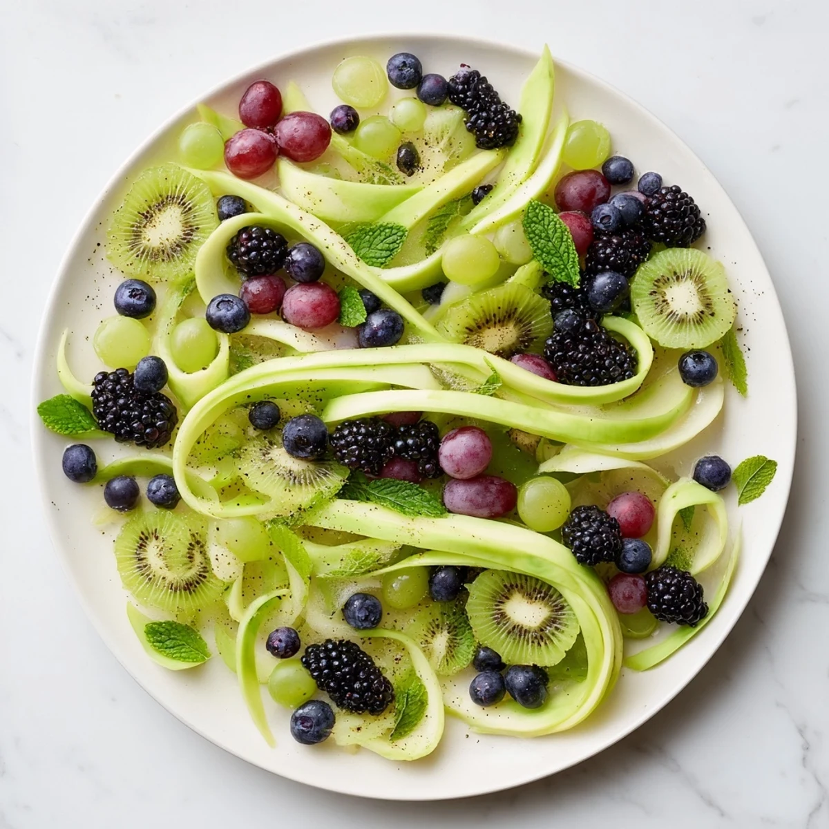 A colorful Aurora Borealis Sweep fruit platter: green and purple fruits create a stunning arrangement.