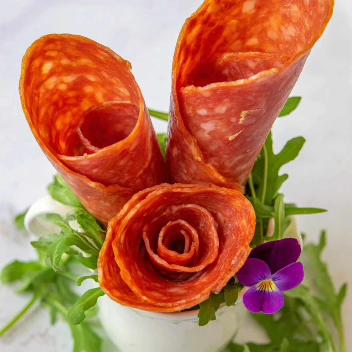 Delicate salami and pepperoni roses star in this Victorian Tea Rose recipe, a lovely appetizer.