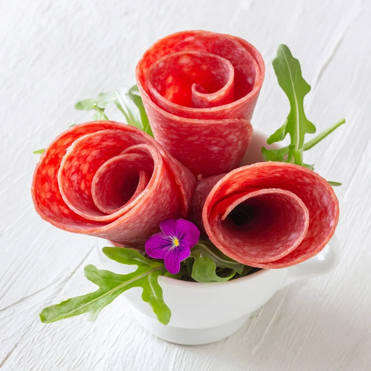 Appetizing Victorian Tea Rose arrangement: salami and pepperoni roses served in teacups, ready to eat!