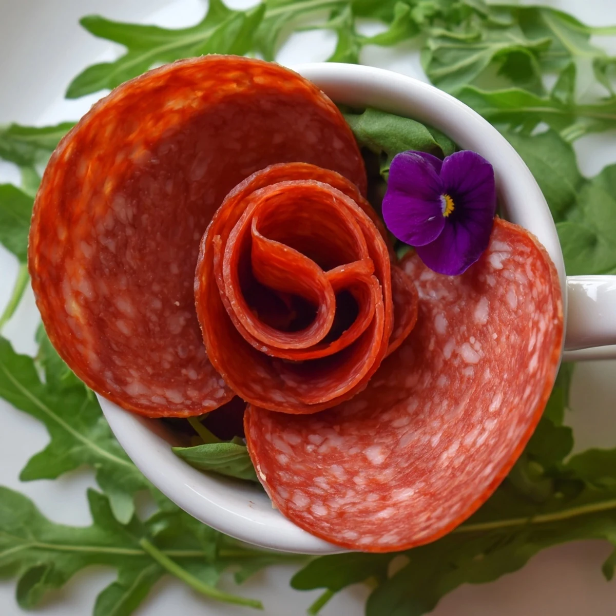 Showcasing the Victorian Tea Rose, this image displays savory, artfully rolled pepperoni and salami appetizers.
