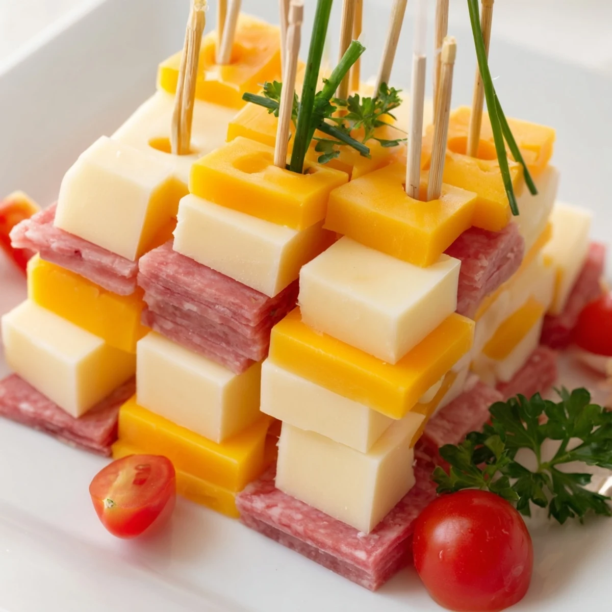 Freshly assembled The Checkerboard Chalet appetizer, showcasing a delicious cheese and meat checkerboard with a chalet.