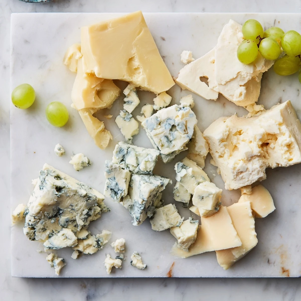 This image shows The Marble Quarry, a cheese board featuring creamy blue cheese and sharp cheddar, perfect for sharing.