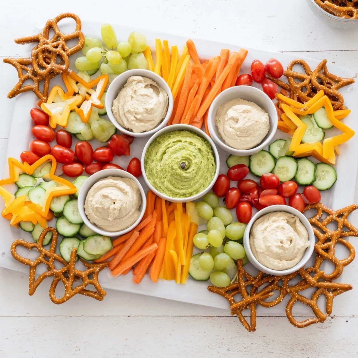 The Kids Snack Adventure Map offers a playful platter with cheese shapes alongside pretzel paths for dipping.