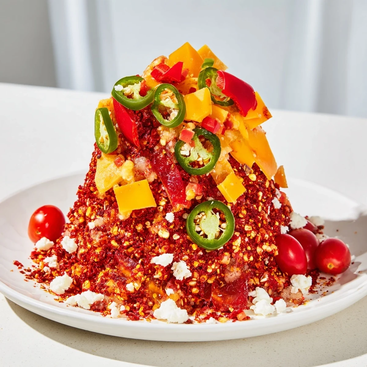 Vibrant Spicy Hot Take Platter, a beautiful arrangement of colorful peppers, cheese, and meats perfect for sharing.