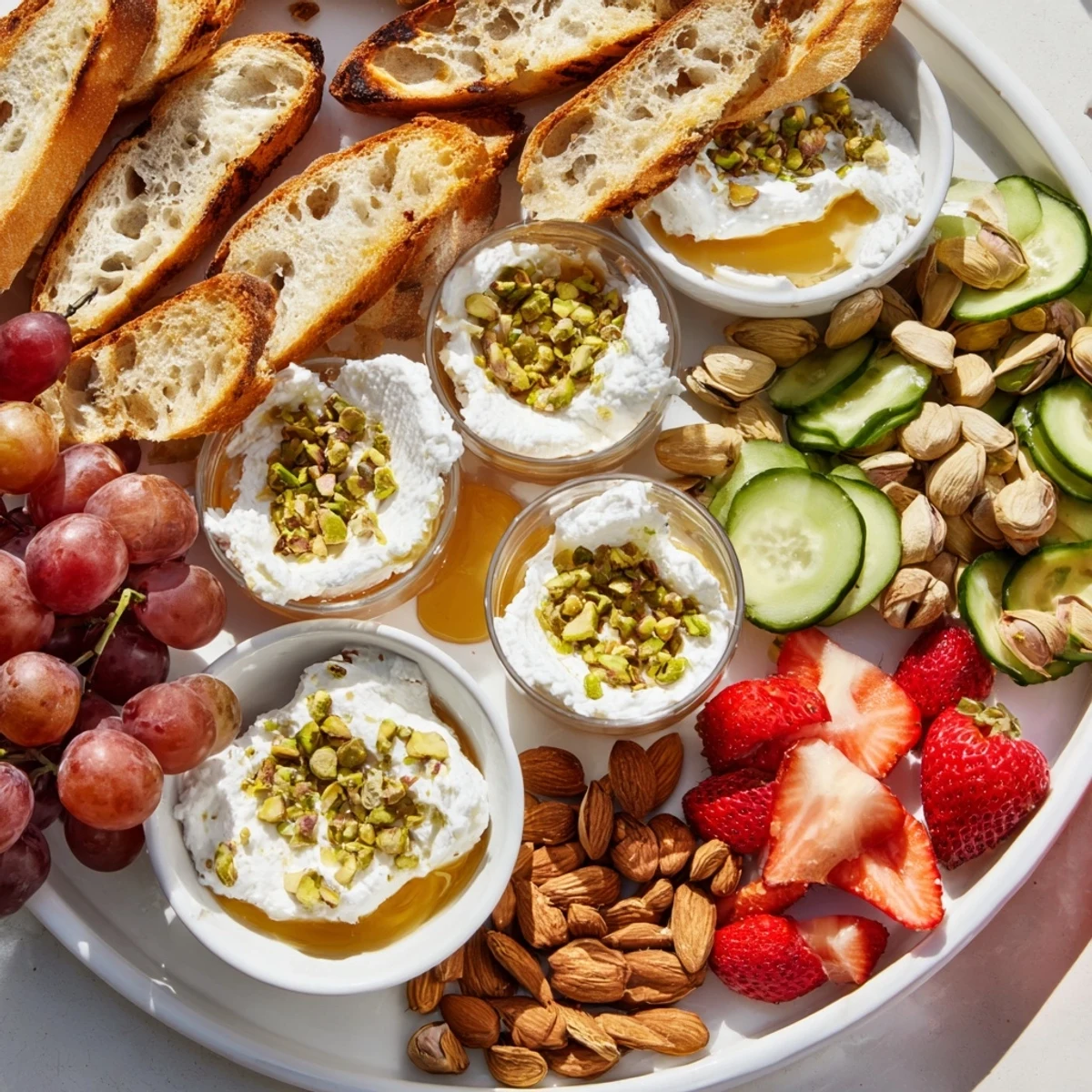 A beautifully arranged Zero-Proof Celebration Spread platter with colorful fruits, cheeses, and fresh herbs.
