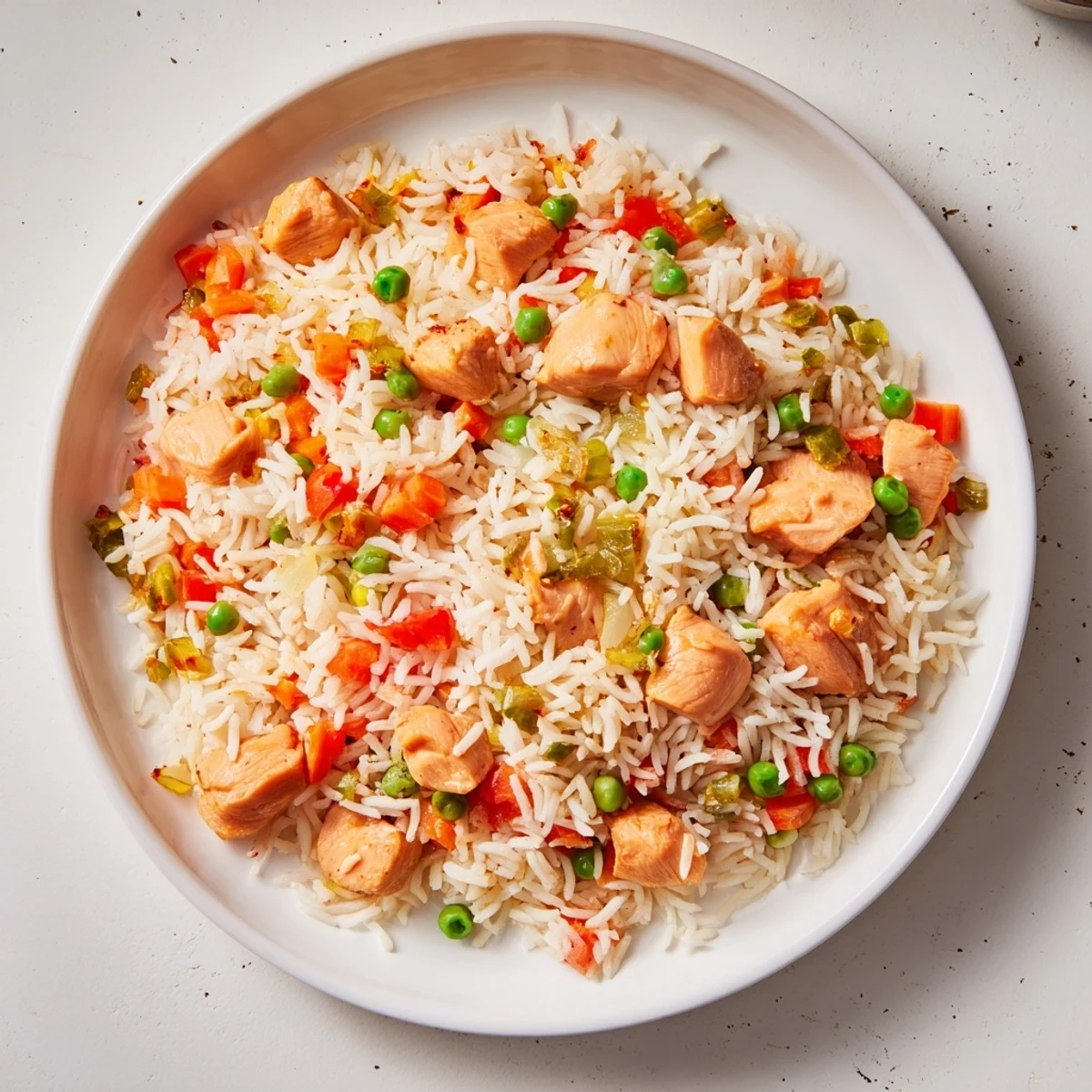 Golden, steaming One-Pot Chicken and Rice sizzling with flavorful chicken broth and tender vegetables.