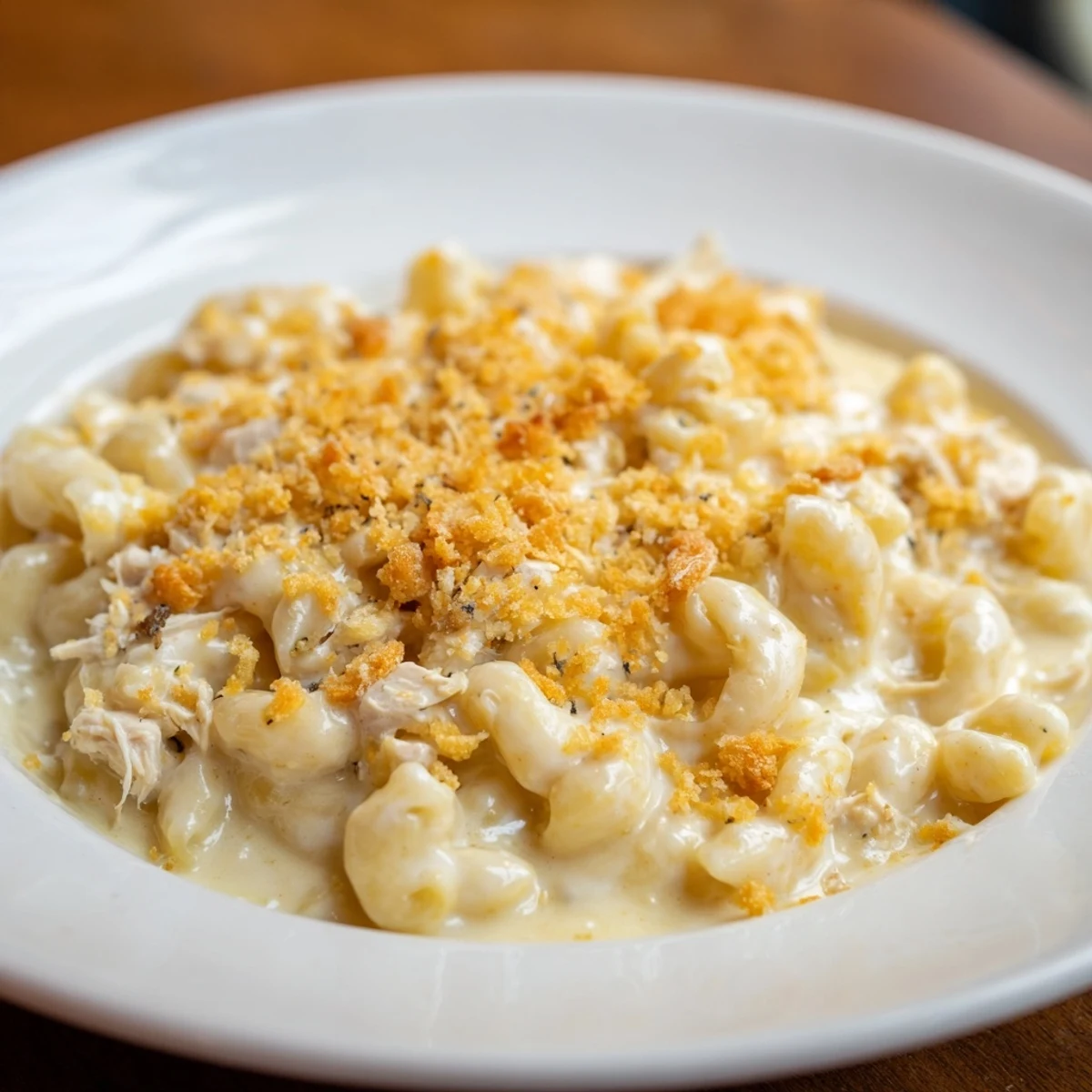 Creamy, cheesy Struggle Meal Chicken Macaroni, bubbling and golden-brown, a perfect budget-friendly comfort food.