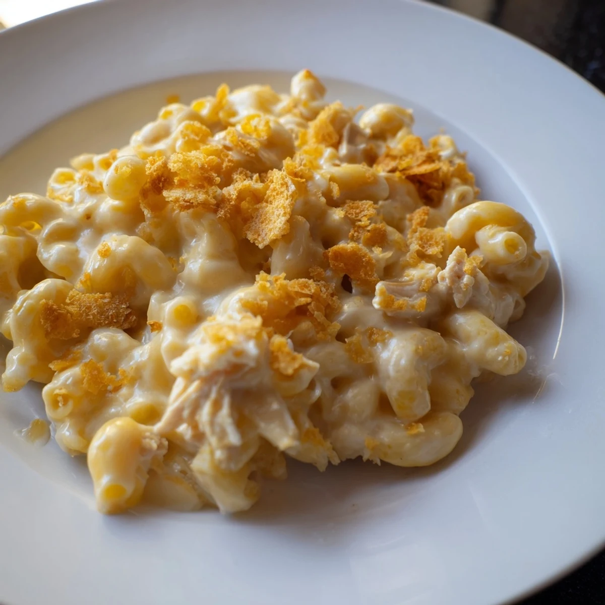 A close-up of delicious Struggle Meal Chicken Macaroni with melted cheese and tender macaroni awaiting a forkful.