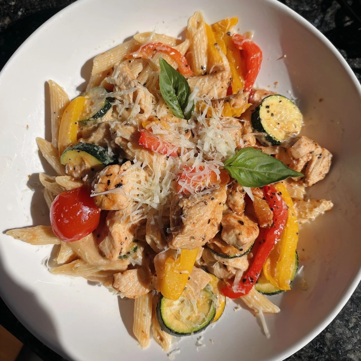 A close-up of the flavorful 5-4-3-2-1 Pasta Primavera topped with fresh basil and Parmesan.