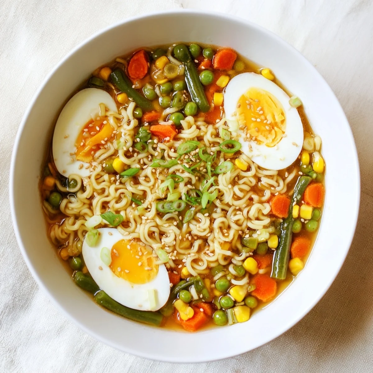 Steaming bowl of Ramen Upgrade with Frozen Peas, garnished with sliced green onions and a soft-boiled egg.