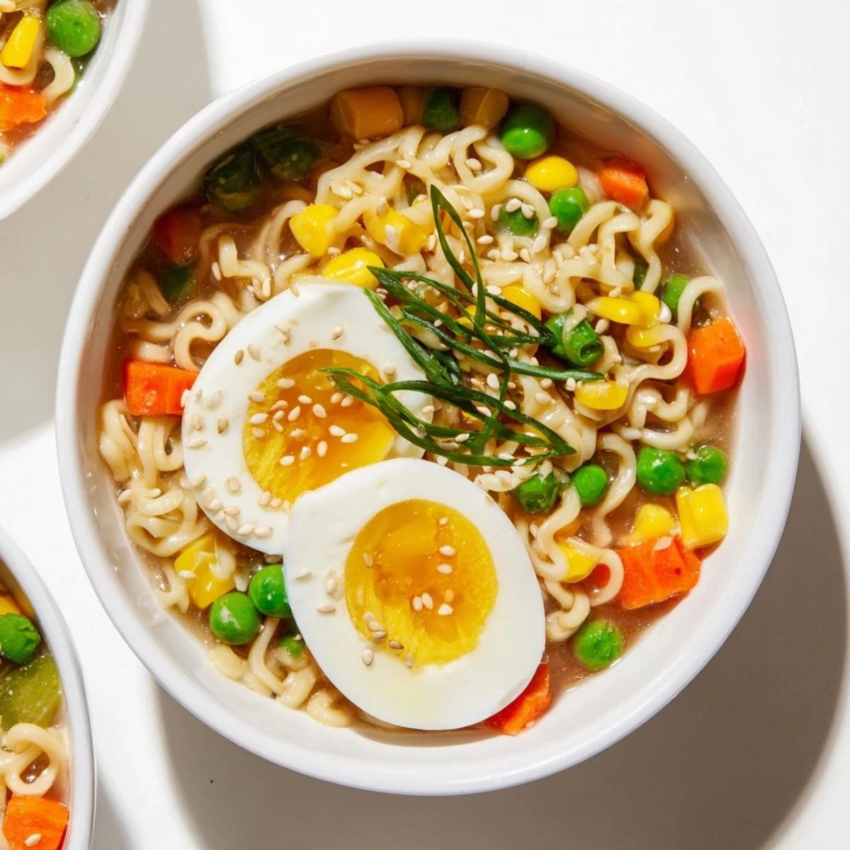 Vibrant Ramen Upgrade with Frozen Peas, featuring tender noodles and bright green peas in flavorful broth.