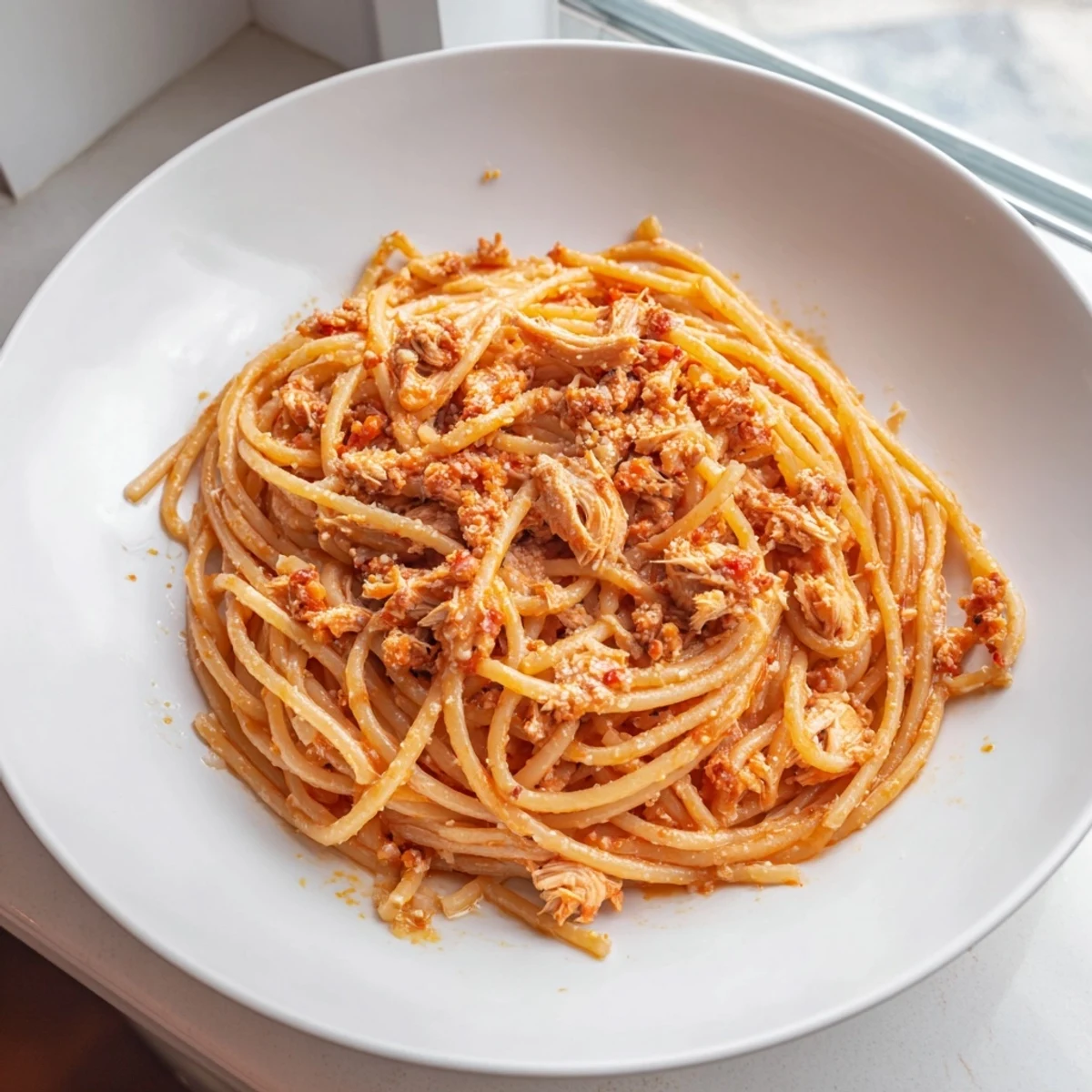 Golden bucatini coated in garlic butter, with tender chicken for this Simple Garlic Butter Bucatini.