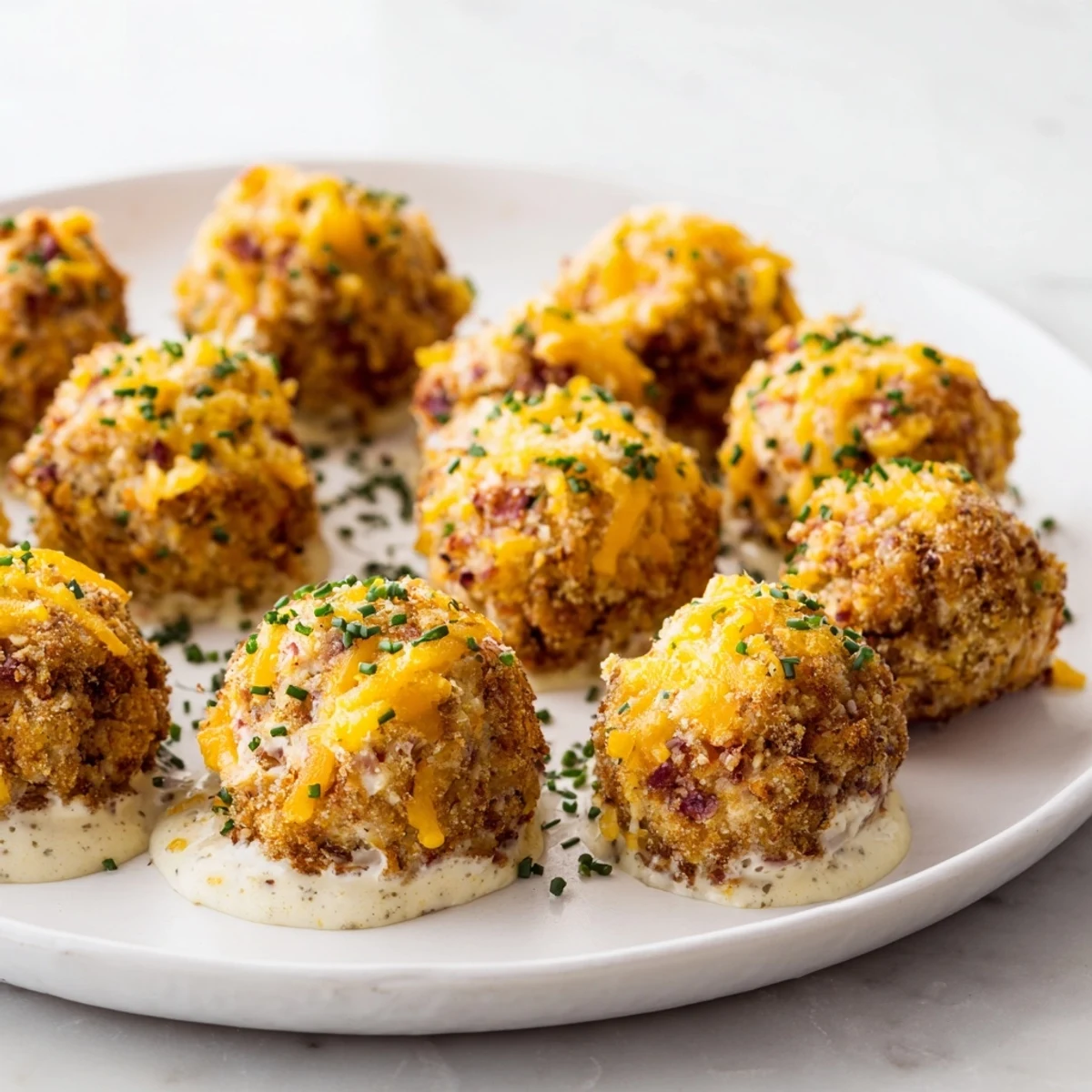 A close-up view of pan-fried potato and chicken cakes, speckled with herbs, before serving with a salad.