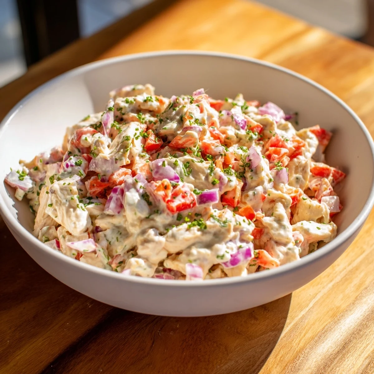 Creamy, chilled canned chicken salad with vibrant red peppers and fresh parsley, perfect for lunch.
