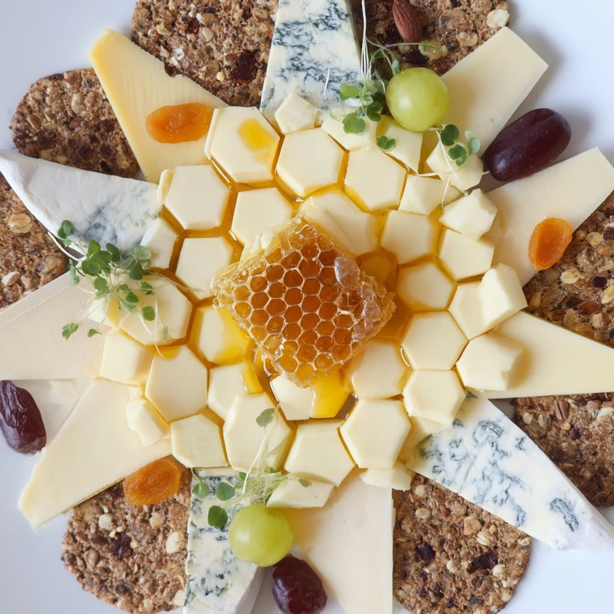 A beautiful The Gilded Hive cheese board, featuring honey-drizzled cheese hexagons and almond accents.