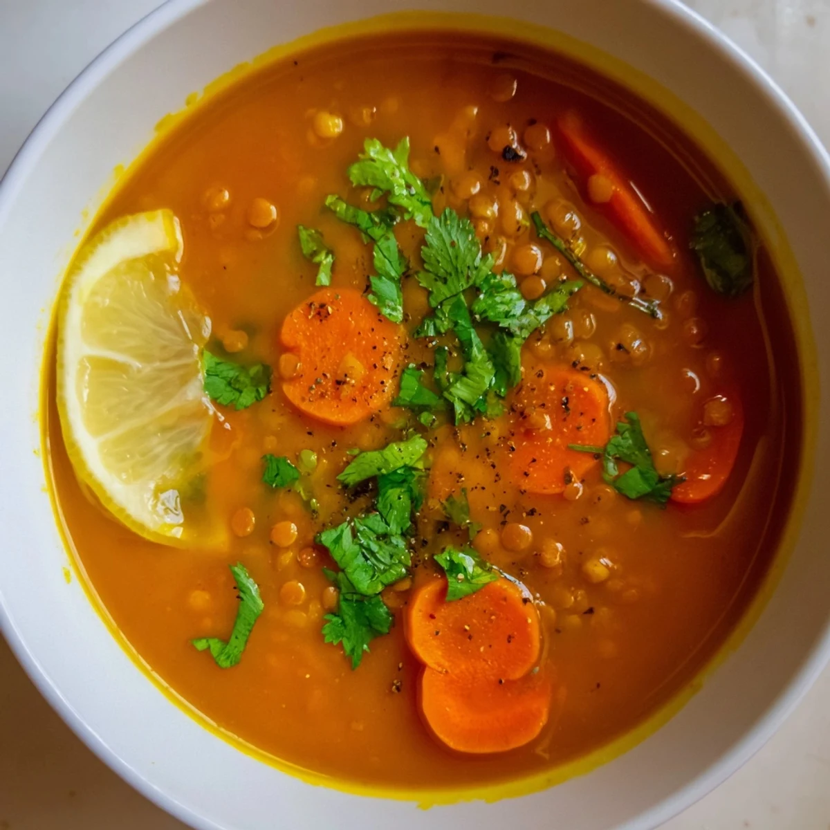 Steaming bowl of Spiced Carrot Lentil Soup, vibrantly garnished, perfect for a warming lunch.