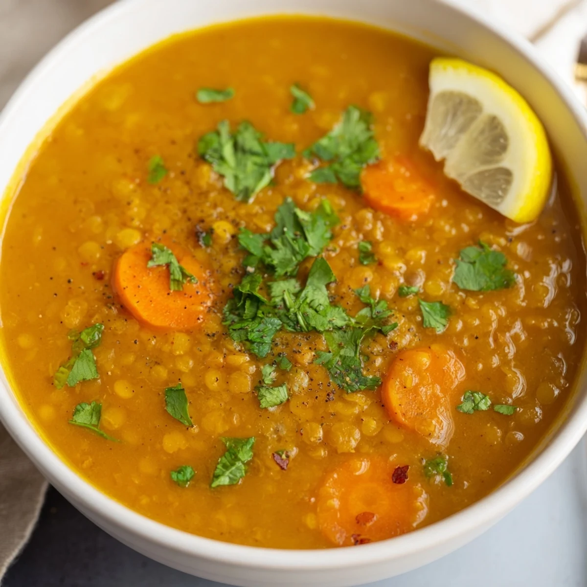 Hearty Spiced Carrot Lentil Soup, offering a rich aroma, served with crusty bread, ready to enjoy.