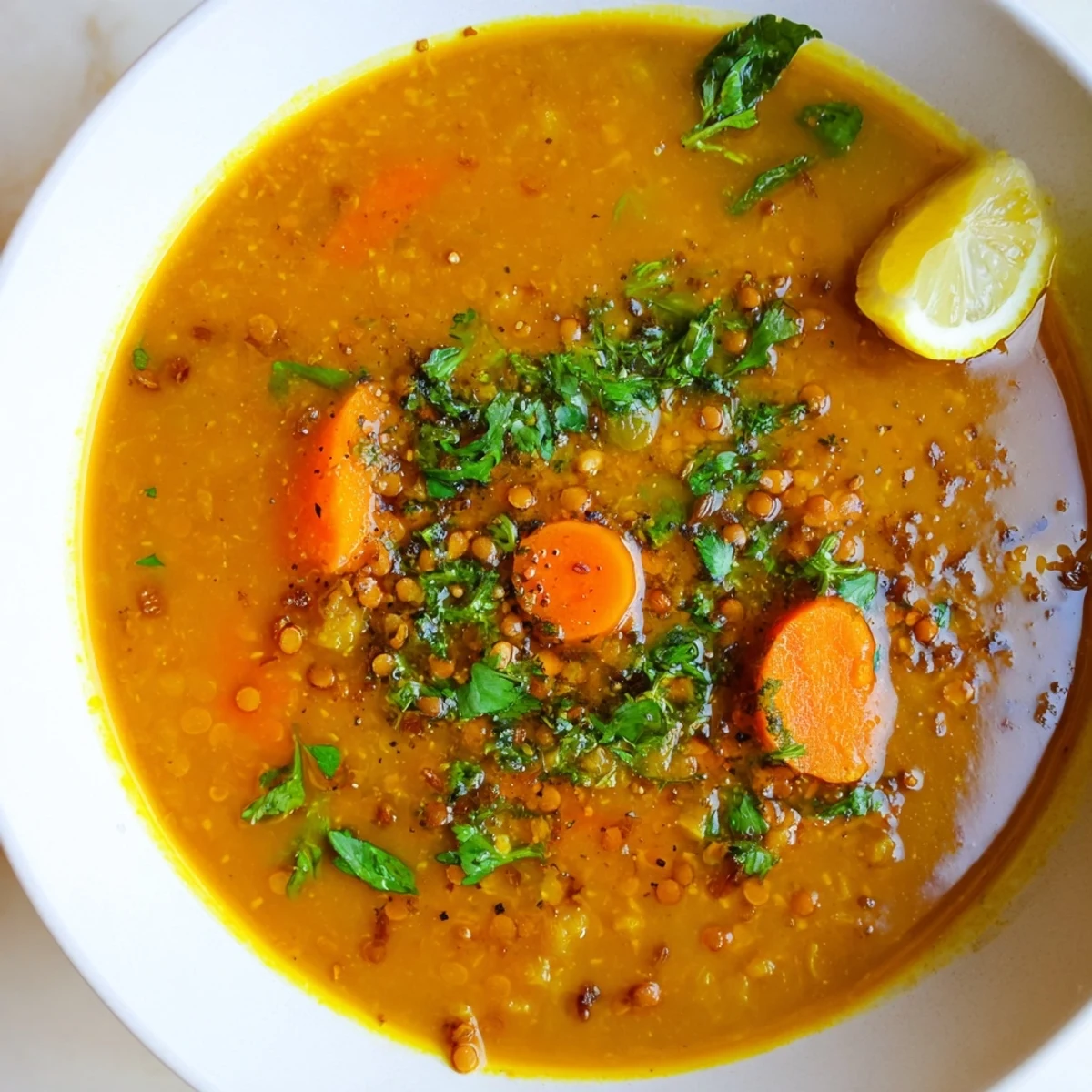 Close-up of a flavorful Spiced Carrot Lentil Soup, showcasing tender carrots with savory spices.