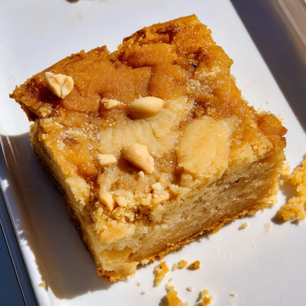 Golden-brown Peanut Butter Mochi Cake, a delicious fusion dessert, fresh from the oven.