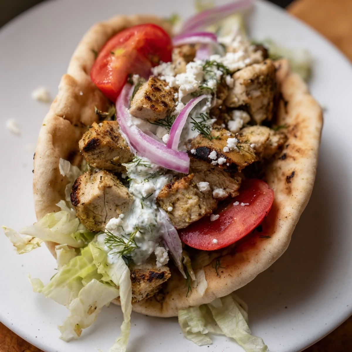Juicy Greek Chicken Souvlaki wraps overflowing with vibrant vegetables and creamy tzatziki, a flavorful meal.
