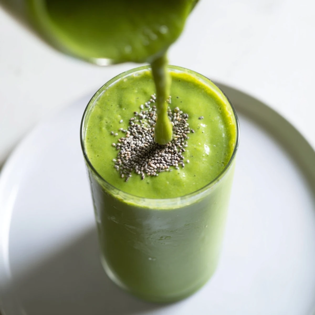 A close-up of a vibrant Spinach Avocado Smoothie, thick with blended fruit and greens.