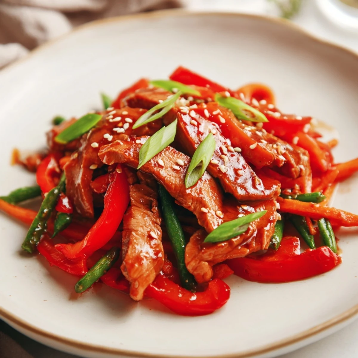 Sweet Teriyaki Pork Stir-Fry boasts tender pork and colorful vegetables swimming in a glossy teriyaki glaze.