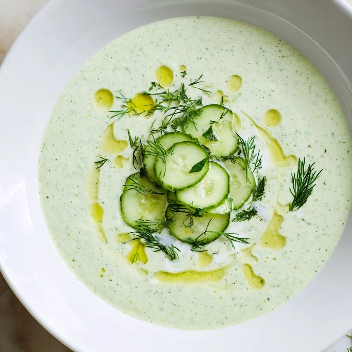 Chilled Cucumber Garlic Soup, a vibrant cold soup with cucumber slices and fresh dill, ready to enjoy.
