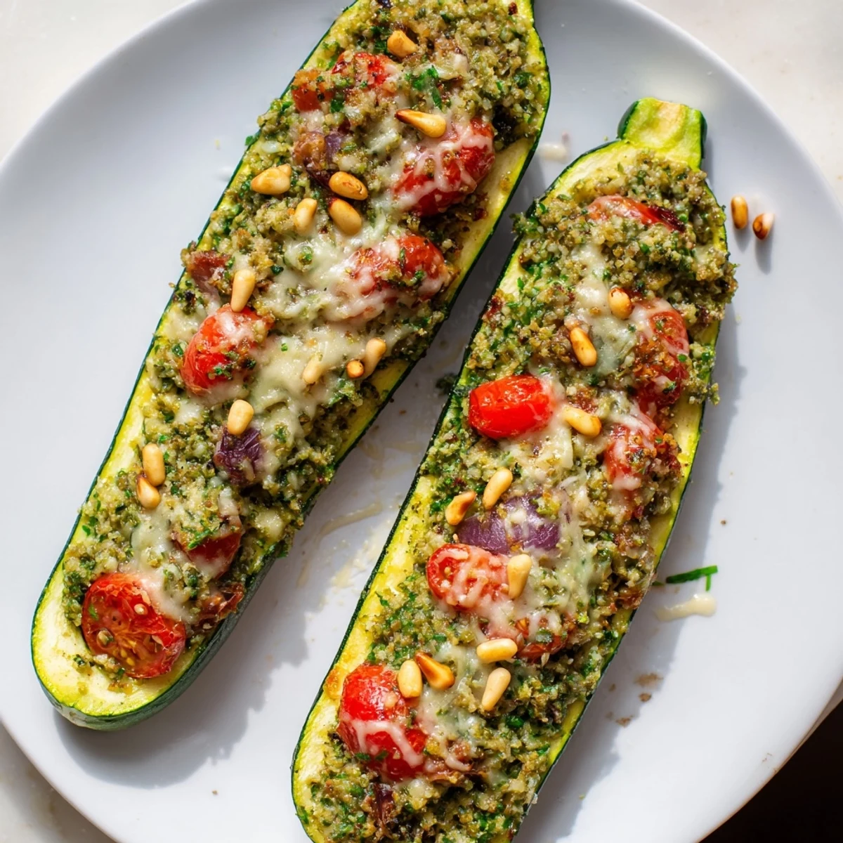 Golden, bubbly cheese blankets the vibrant pesto filling of these delicious Cheesy Pesto Zucchini Boats.