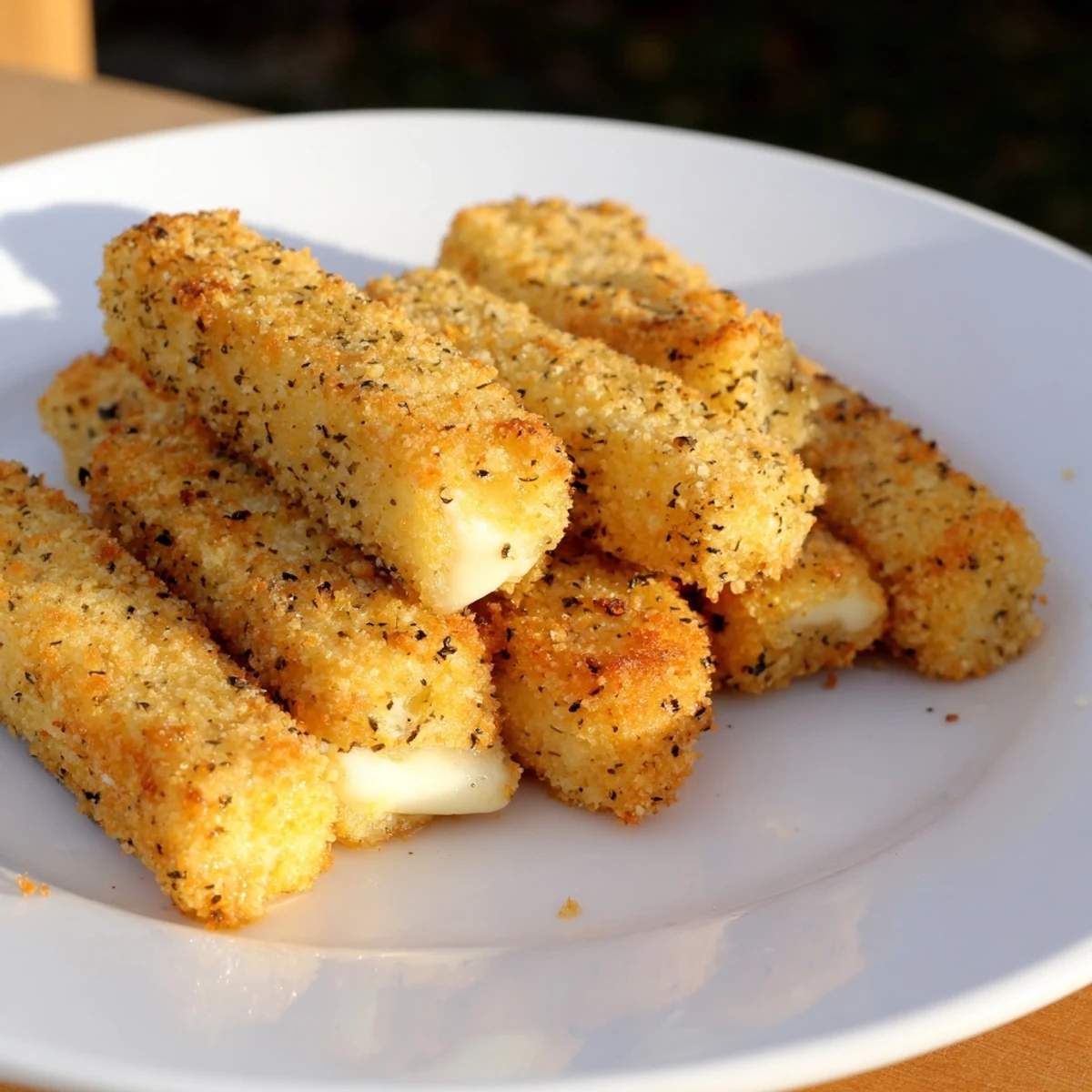 Golden-brown air fryer mozzarella sticks, perfect with warm marinara, a delicious appetizer.